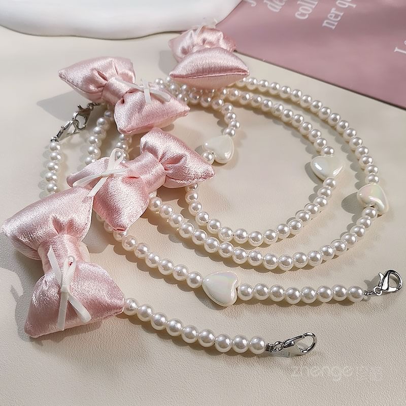 Bow Faux Pearl Phone Lanyard with Lanyard Pad SpreePicky