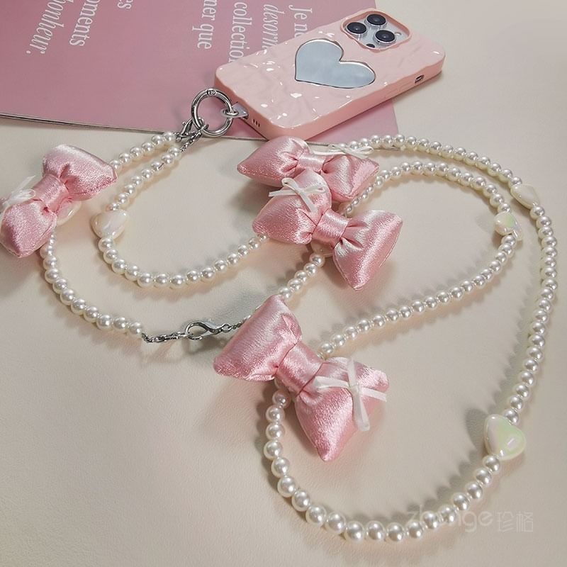 Bow Faux Pearl Phone Lanyard with Lanyard Pad SpreePicky