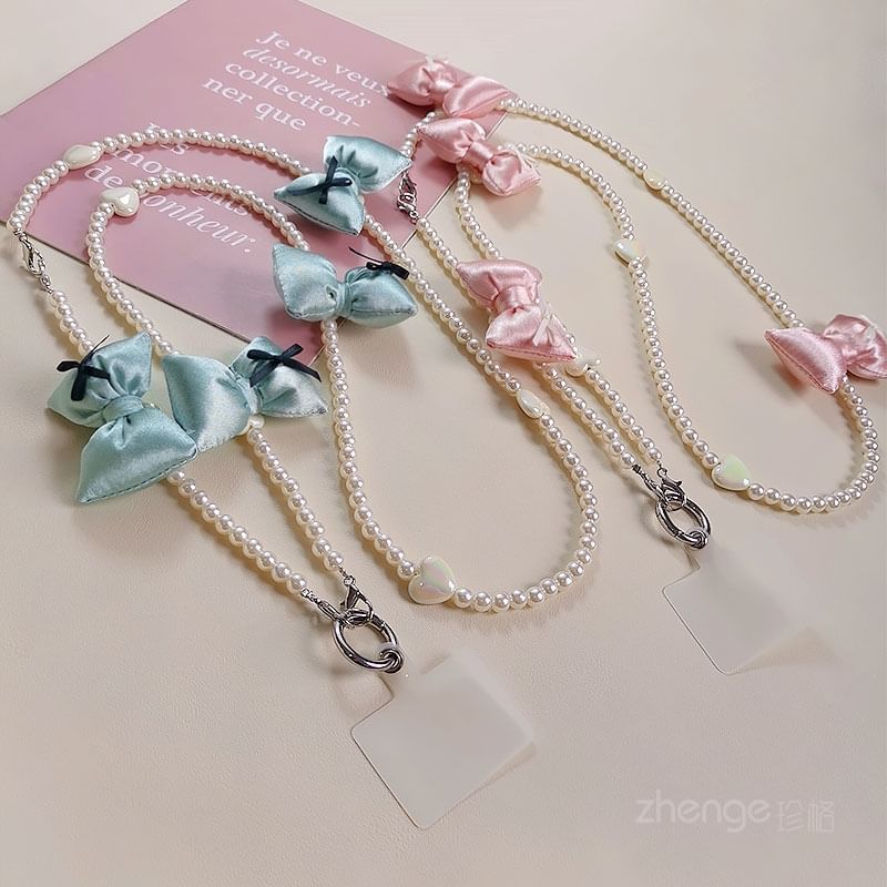 Bow Faux Pearl Phone Lanyard with Lanyard Pad SpreePicky