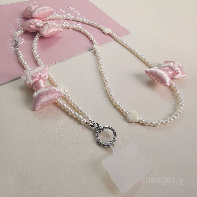 Bow Faux Pearl Phone Lanyard with Lanyard Pad SpreePicky