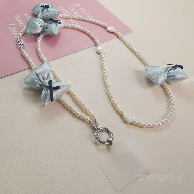 Bow Faux Pearl Phone Lanyard with Lanyard Pad SpreePicky