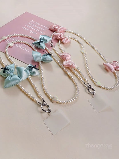 Bow Faux Pearl Phone Lanyard with Lanyard Pad SpreePicky