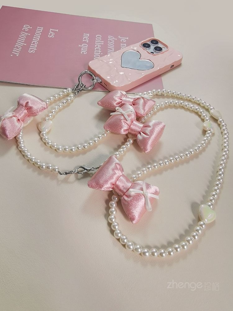 Bow Faux Pearl Phone Lanyard with Lanyard Pad SpreePicky