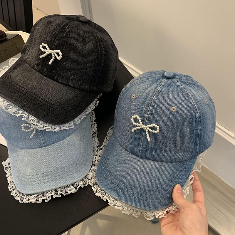 Faux Pearl Beaded Bow Ruffle Denim Baseball Cap SpreePicky