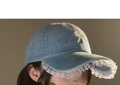 Faux Pearl Beaded Bow Ruffle Denim Baseball Cap SpreePicky