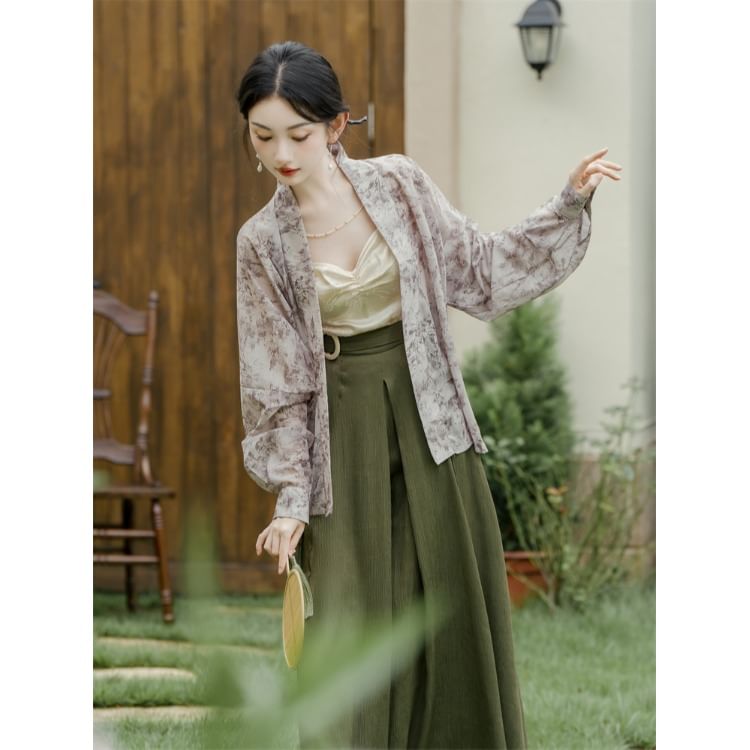 Floral Cami Top / High Waist Plain Culottes / Open Front Light Jacket / Set SpreePicky