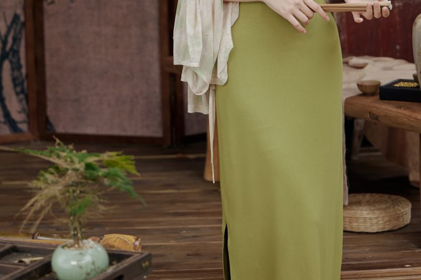 Set: Spaghetti Strap Plain Slit Midi Sheath Dress + Long SpreePicky