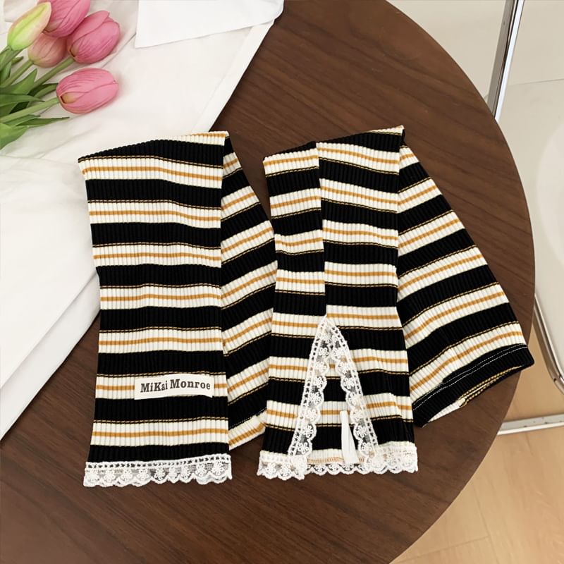 Lettering Applique Striped Lace Trim Sun Protection Arm Sleeves SpreePicky