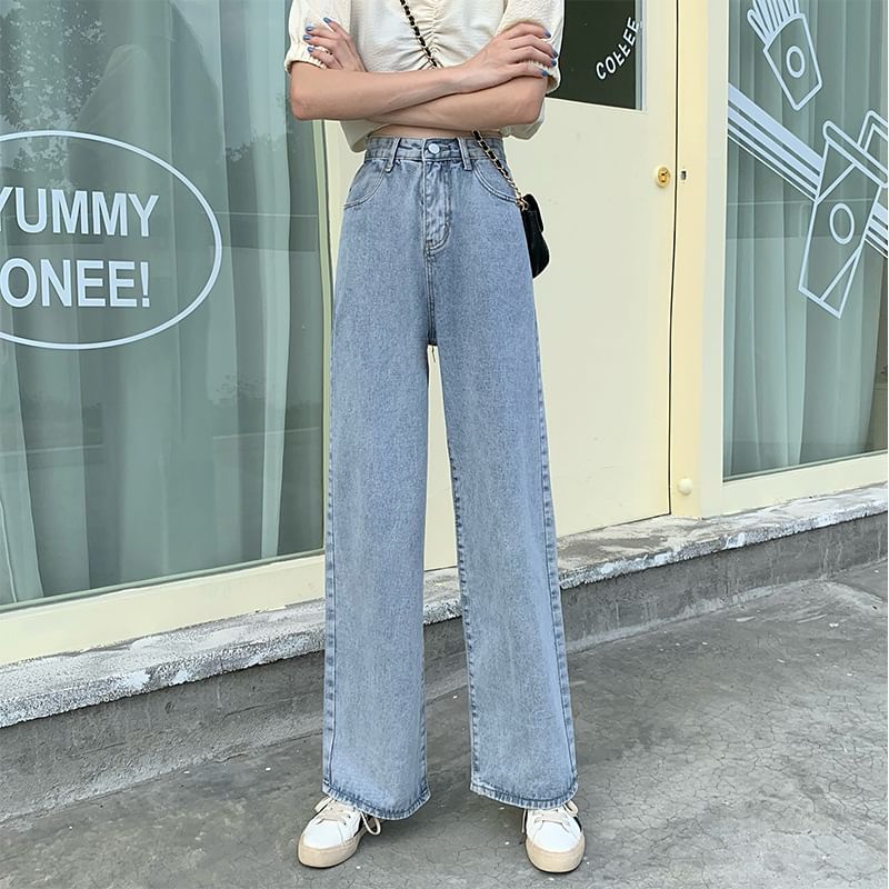 High Waist Washed Straight-Fit Wide-Leg Jeans SpreePicky