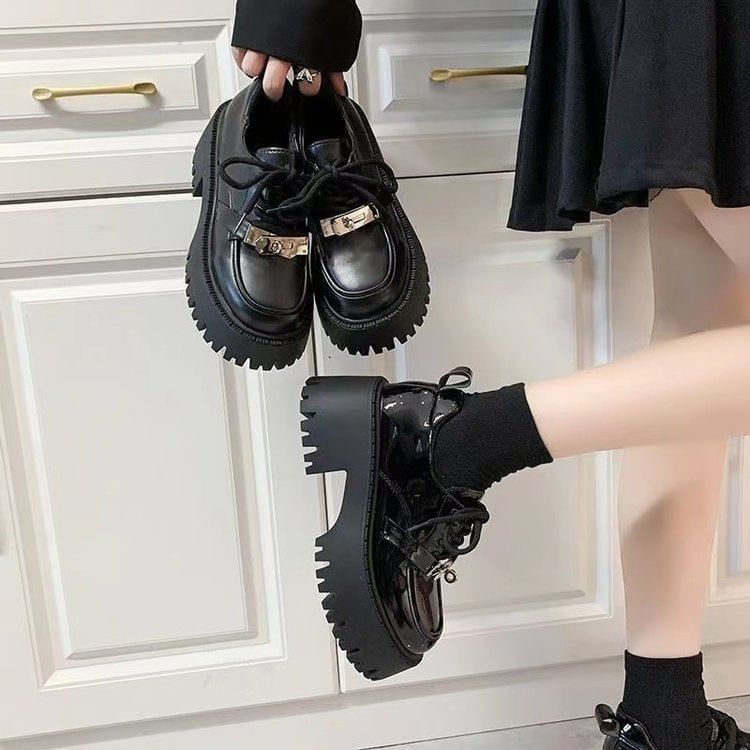 Platform Buckled Patent Leather Lace Up Shoes mySite