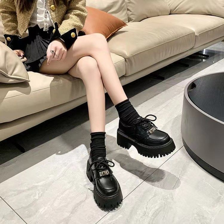 Platform Buckled Patent Leather Lace Up Shoes mySite