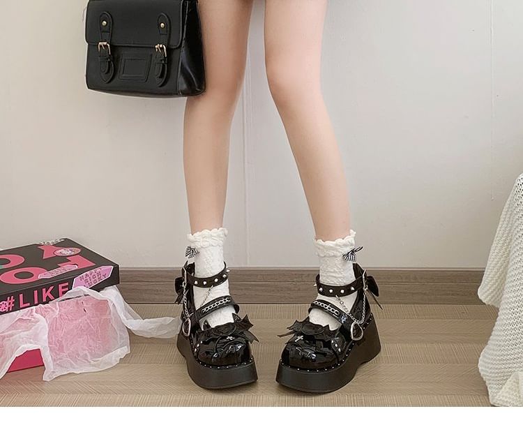 Platform Heart Bow Studded Ankle Strap Patent Leather Mary Jane Shoes mySite