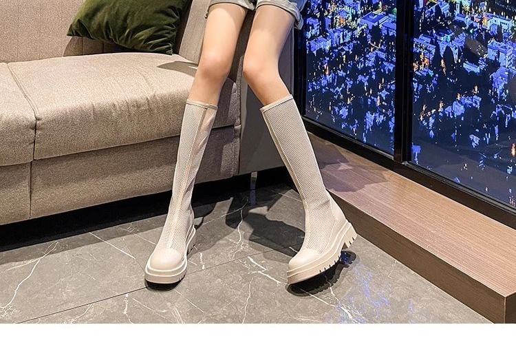 Platform Panel Mesh Knee High Boots mySite