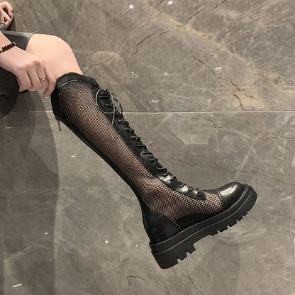 Platform Lace Up Panel Mesh Knee High Boots mySite