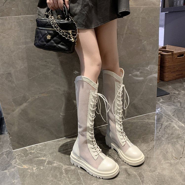 Platform Lace Up Panel Mesh Knee High Boots mySite