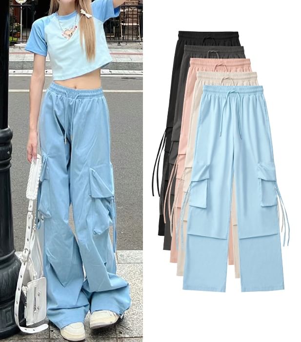 High Rise Drawstring Pocket Plain Wide Leg Cargo Sweatpants SpreePicky