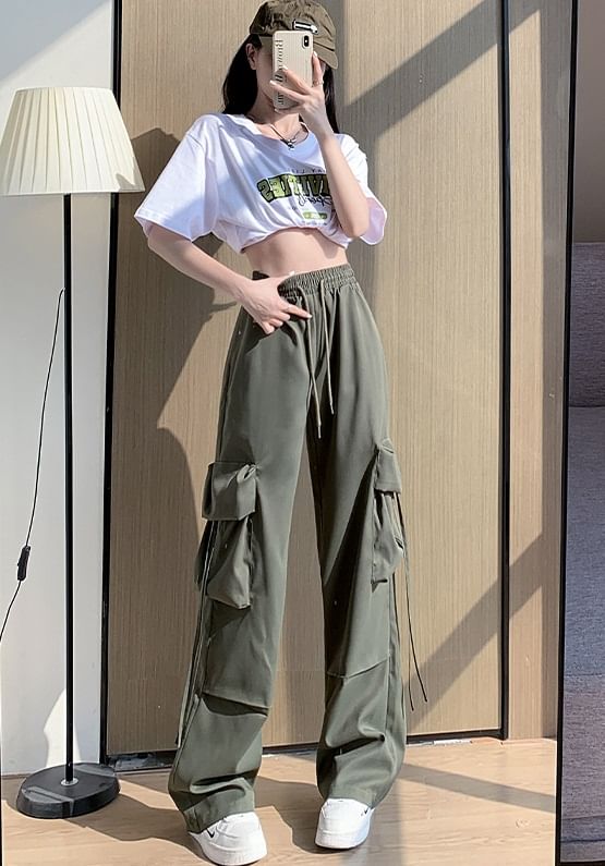 High Rise Drawstring Pocket Plain Wide Leg Cargo Sweatpants SpreePicky