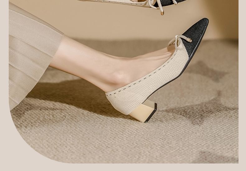 Bow Fabric Pointed Block Heel Pumps SpreePicky