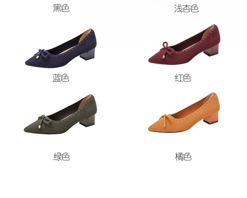 Bow Fabric Pointed Block Heel Pumps SpreePicky