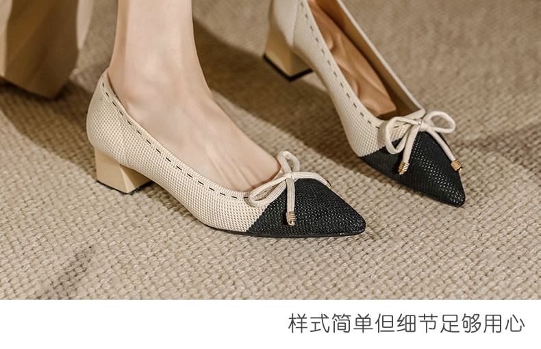 Bow Fabric Pointed Block Heel Pumps SpreePicky