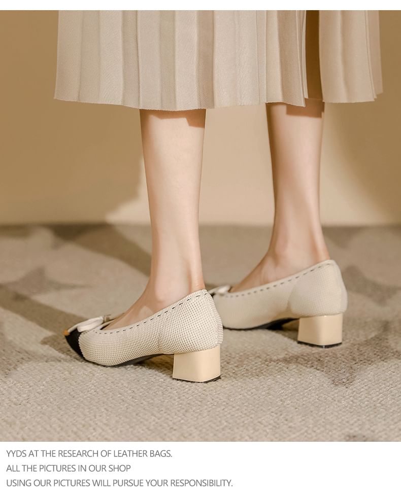 Bow Fabric Pointed Block Heel Pumps SpreePicky