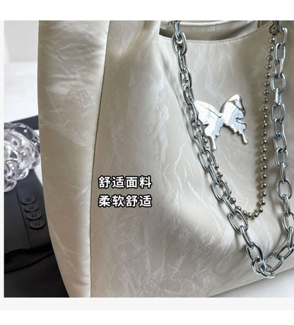 Butterfly Accent Chained Faux Leather Tote Bag mySite