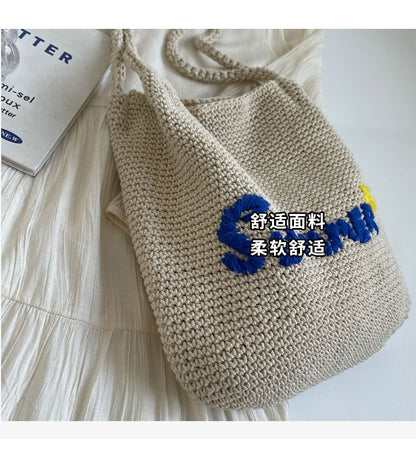 Lettering Embroidered Woven Bucket Bag mySite