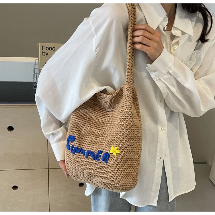 Lettering Embroidered Woven Bucket Bag mySite