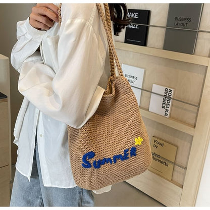 Lettering Embroidered Woven Bucket Bag mySite