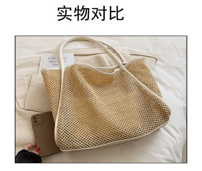 Contrast Trim Perforated Woven Tote Bag mySite