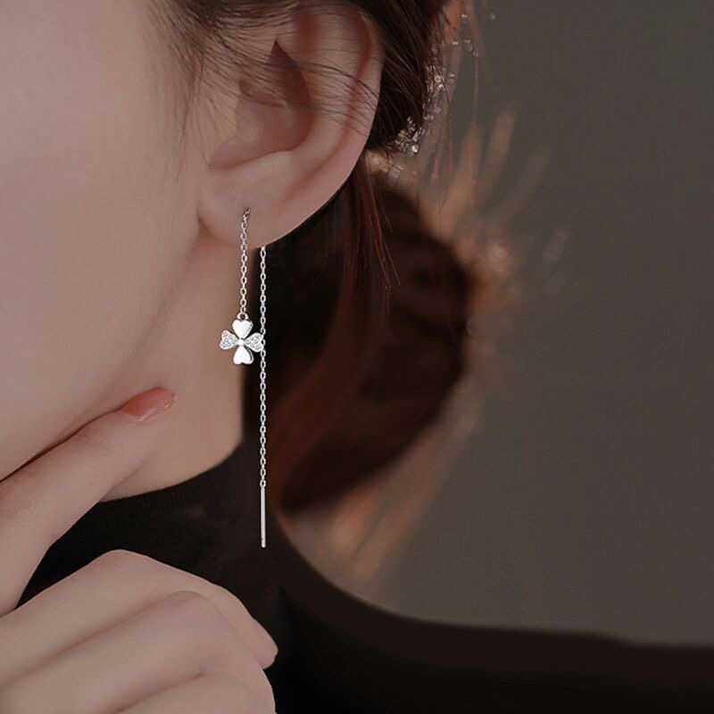 Clover Rhinestone Alloy Threader Earring mySite