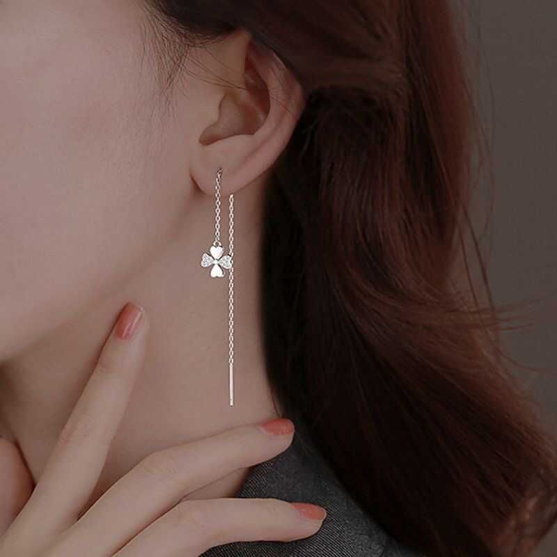 Clover Rhinestone Alloy Threader Earring mySite