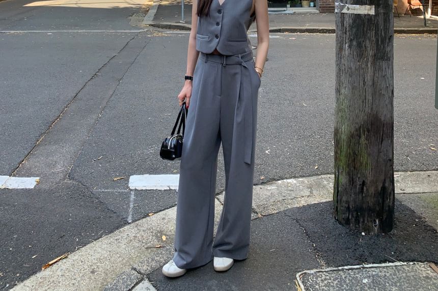 V-Neck Plain Crop Button Vest / Mid Waist Wide Leg Suit Pants SpreePicky