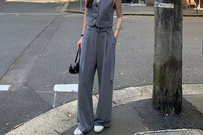 V-Neck Plain Crop Button Vest / Mid Waist Wide Leg Suit Pants SpreePicky