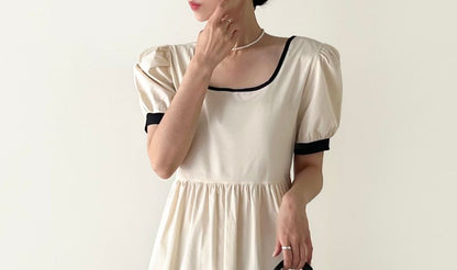 Short-Sleeve Square Neck Two Tone Midi A-Line Dress SpreePicky