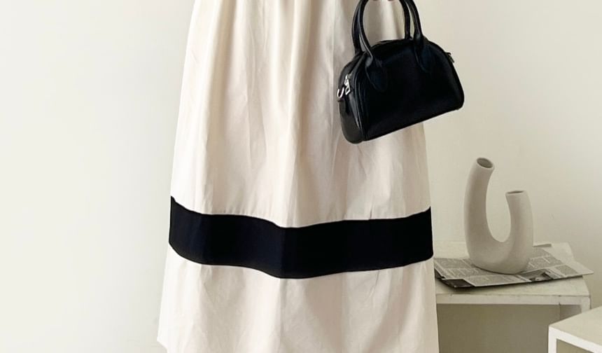 Short-Sleeve Square Neck Two Tone Midi A-Line Dress SpreePicky