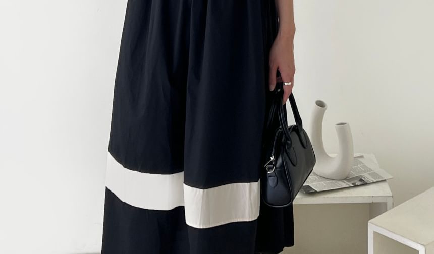 Short-Sleeve Square Neck Two Tone Midi A-Line Dress SpreePicky