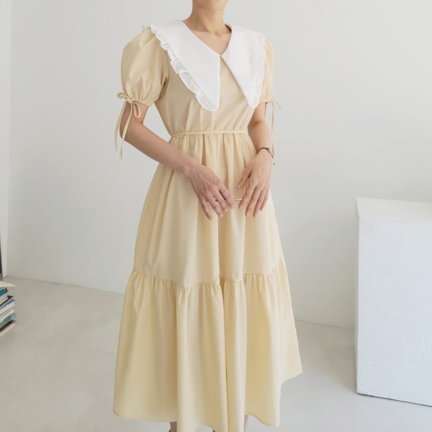 Short-Sleeve Contrast Collar Frill Trim Midi A-Line Dress SpreePicky