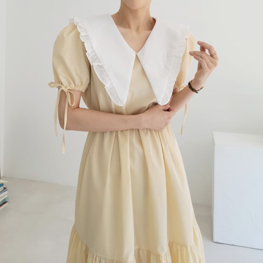 Short-Sleeve Contrast Collar Frill Trim Midi A-Line Dress SpreePicky