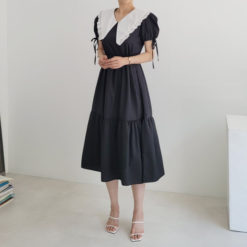 Short-Sleeve Contrast Collar Frill Trim Midi A-Line Dress SpreePicky