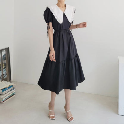 Short-Sleeve Contrast Collar Frill Trim Midi A-Line Dress SpreePicky