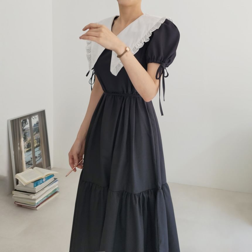 Short-Sleeve Contrast Collar Frill Trim Midi A-Line Dress SpreePicky