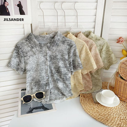 Short-Sleeve Collared Tie Dye Knit Top mySite