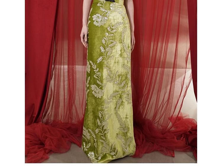 Strapless Evening Floral Sheath Gown FashionChic