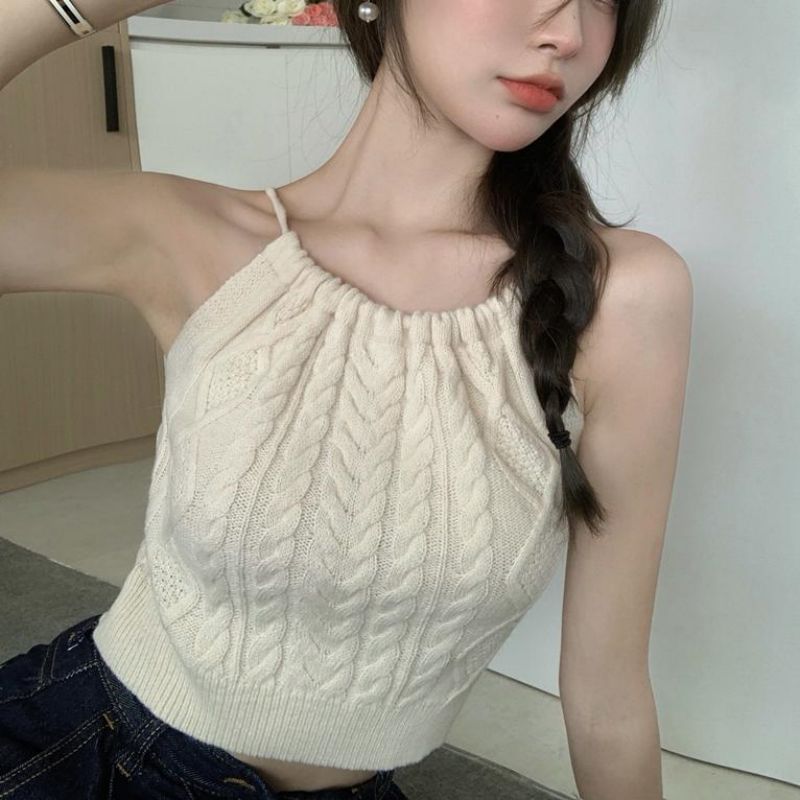 Plain Cable-Knit Cropped Halter Top SpreePicky