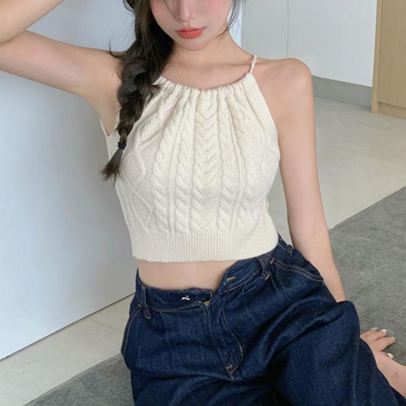 Plain Cable-Knit Cropped Halter Top SpreePicky