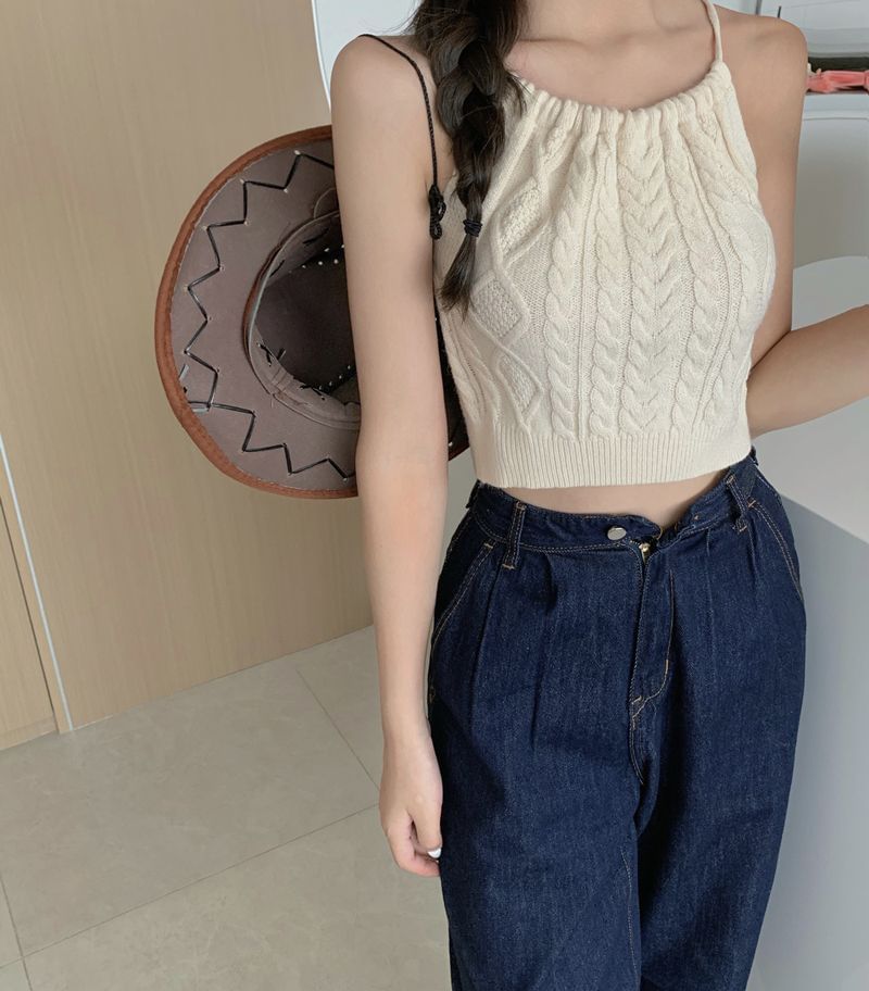 Plain Cable-Knit Cropped Halter Top SpreePicky