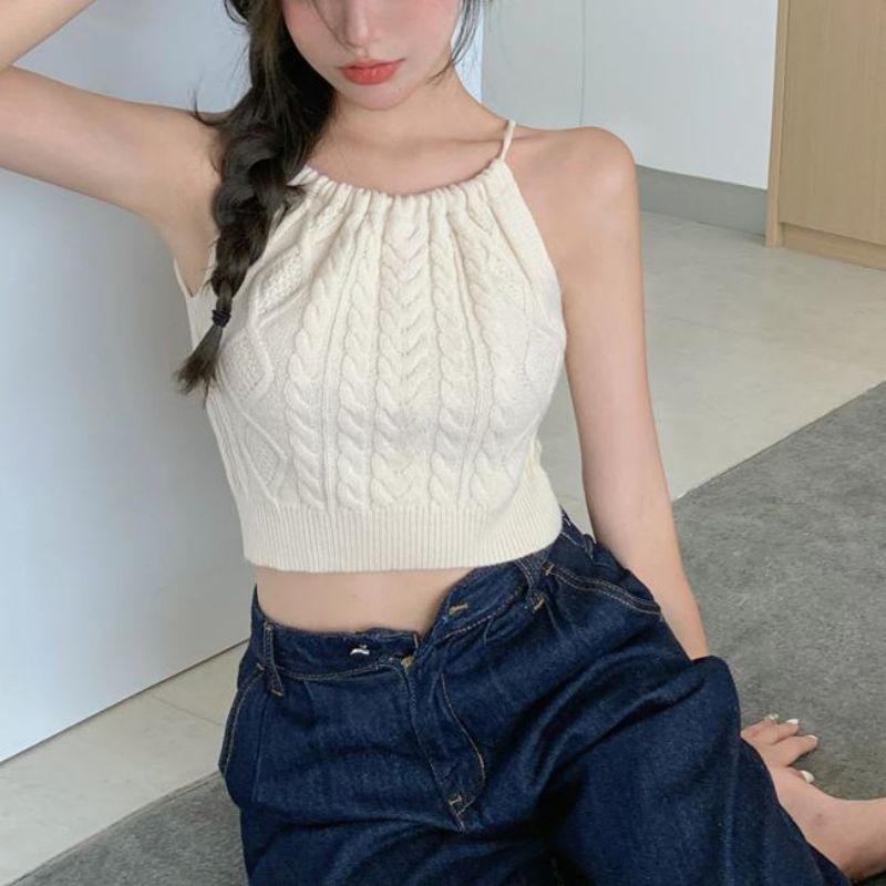 Plain Cable-Knit Cropped Halter Top SpreePicky