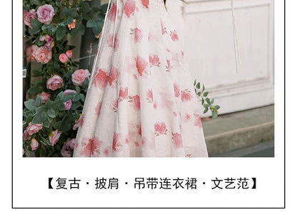 Spaghetti Strap Floral Print Midi A-Line Dress / Plain Tie Front Cardigan / Set SpreePicky