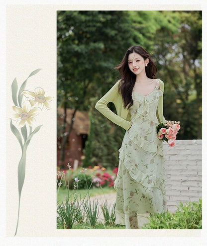 Spaghetti Strap Floral Print Ruffled Midi A-Line Dress / Plain Cardigan / Set SpreePicky